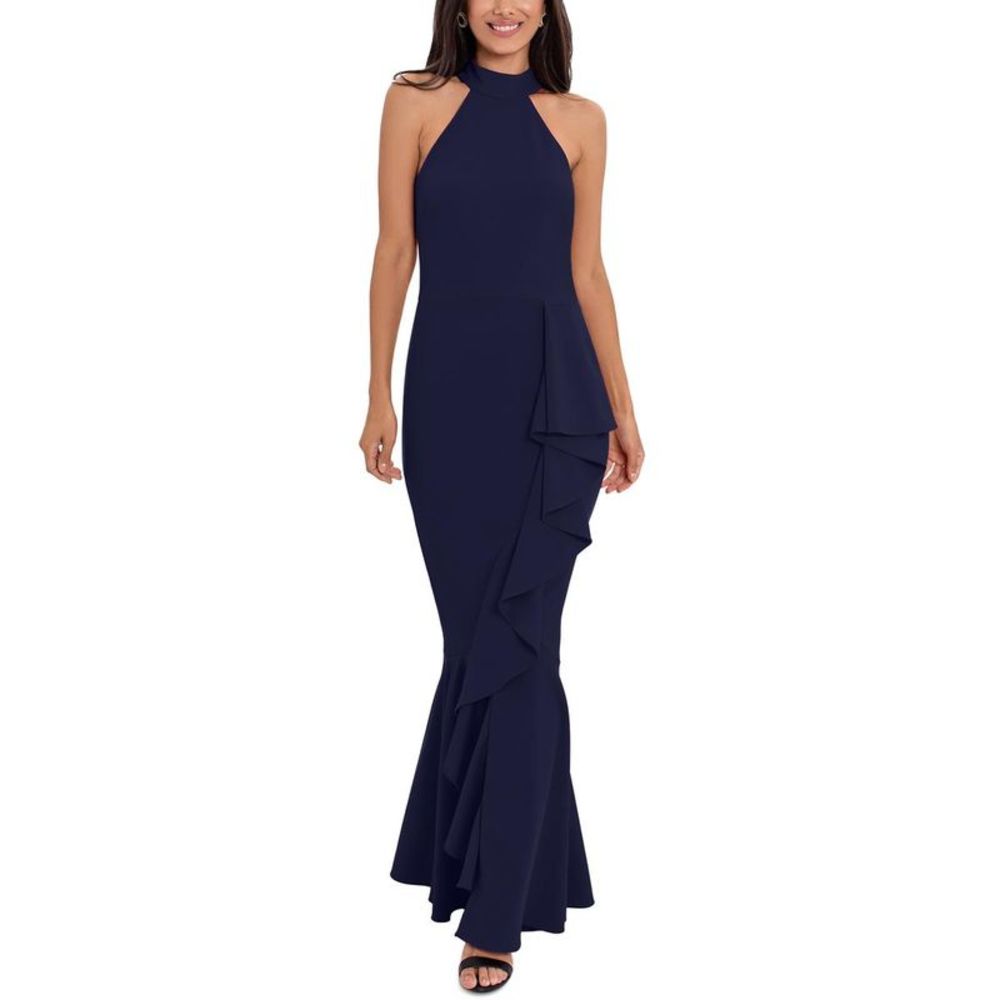 Betsy & Adam Womens Navy Halter Cascade Ruffle Long Evening Dress Gown NWT